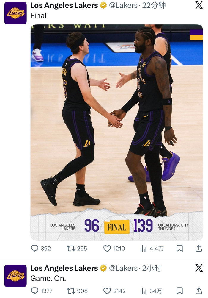 湖人官方仅发两条动态 赛季最少信息曝光